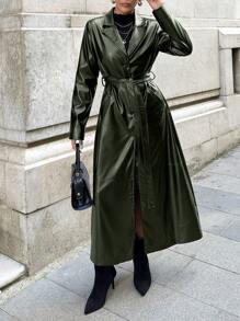 EURMUSE Lapel Neck Long Sleeves Belted PU Leather Coat - Army Green - View 4