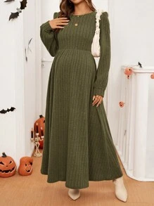 SHEIN Casual Maternity Solid Color Ribbed Lantern Sleeve Cinched Waist Dress, Spring & Autumn - Army Green - View 5