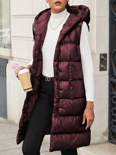 RueChic Solid Hooded Puffer Vest Coat Burgundy