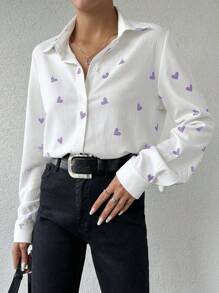 EURMUSE 女士心形印花前纽扣长袖优雅通勤衬衫 - 紫丁香色 - 查看 3