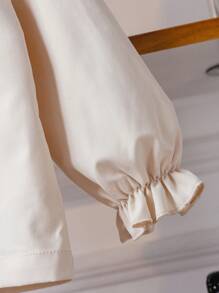 SHEIN 年轻女孩基本款学院风优雅翻领荷叶边长袖白衬衫，适合秋季、冬季、学校、返校季、宴会、演出、日常穿着、度假、夏季、旅行 - 杏色 - 查看 7