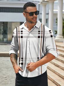 Manfinity Homme Plus Size Men's Front Button Long Sleeve Allover Print Casual Shirt - White - View 1