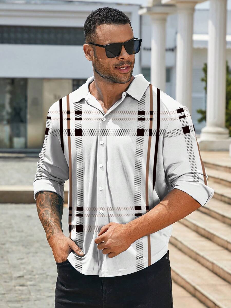 Manfinity Homme Plus Size Men's Front Button Long Sleeve Allover Print Casual Shirt - White - View 1