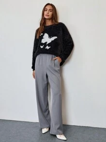 SHEIN Unity 女士休闲日常蝴蝶图案蓬松针织宽松毛衣，秋冬季 - 黑色 - 查看 4