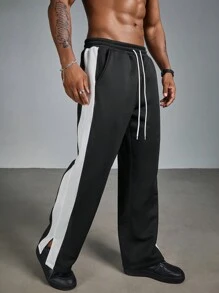 Manfinity Hypemode Plus Size Men Casual Sports Style Drawstring Waist Side Contrast Color Pocket Loose Straight Leg Sweatpants - Black and White - View 4