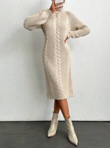EURMUSE Women Round Neck Cable Knit Textured Midi Sweater Dress - Beige - View 2