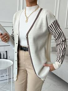 EURMUSE Women Stripe Detailed Sleeve V-Neck Front Button Drop Shoulder Cardigan - Beige - View 5
