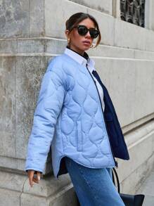 RueChic Frenchy REVERSIBLE Quilted Pocket Detailed Zip Up Stylish Down Jacket - Baby Blue - View 7