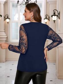 SHEIN Clasi Blusa casual de manga larga con parches de encaje y decoración de perlas falsas para mujer