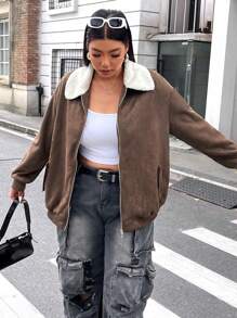 Flirla 大码扎染印花拉链休闲长袖夹克 - 棕色 - 查看 5