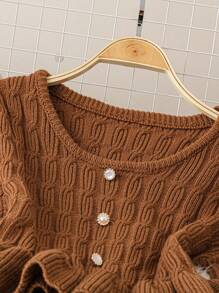 Chiquease 2 件套女士休闲优雅纹理针织上衣，带荷叶边下摆和裙子套装，秋冬 - 卡其色 - 查看 4