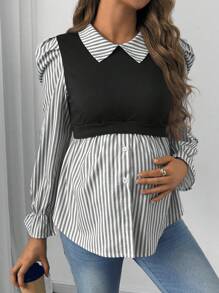 SHEIN 纯色拼接长袖翻领哺乳上衣，休闲日常穿着，适合孕妇 - 黑與白 - 查看 3