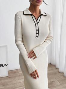 RueChic Body Corn Elegant Gold Button Lady Knit Dress - Beige - View 2