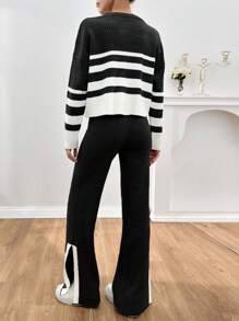 EURMUSE Women Rib Knit Stripe Pattern Round Neck Drop Shoulder Pullover & Sweater Pants Set - Black and White - View 2