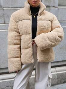 SHEIN Cottnline SOLID ZIPPER POCKET TEDDY WINTER COAT - Beige - View 6