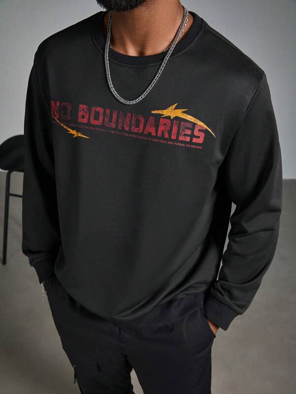 Manfinity Homme Plus Size Men Letter Print Long Sleeve Casual Pullover Sweatshirt, Autumn