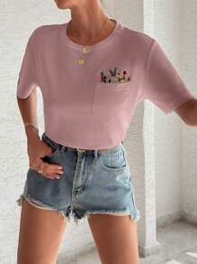 EURMUSE T-Shirt With Flower Embroidery, Round Collar, Pocket Details - Pink - View 3