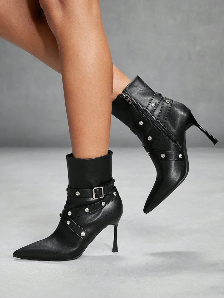 CUCCOO SZL Studded Pointed Toe High Heel Mid-Calf Boots For Women