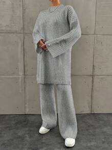 EURMUSE Loose Knitted Sweater Two Piece Set For Women, Including A Sweater And Long Pants - Grey - View 7