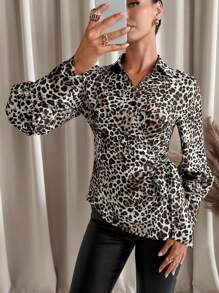 SHEIN Clasi Áo cánh dài tay buộc chéo họa tiết da báo cho nữ - Nhiều màu - Xem 1