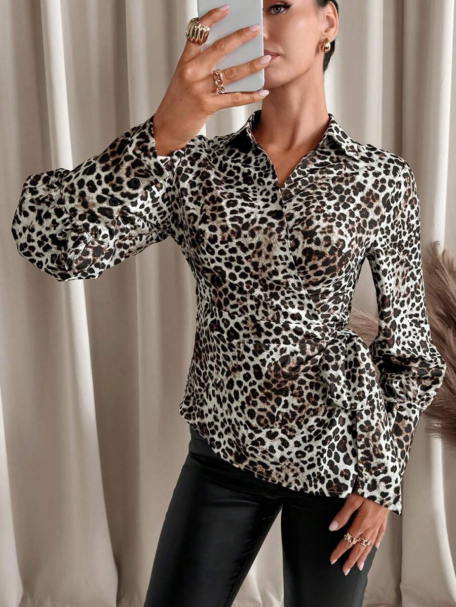 SHEIN Clasi Áo cánh dài tay buộc chéo họa tiết da báo cho nữ - Nhiều màu - Xem 1