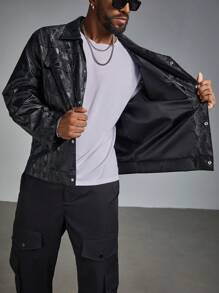 Manfinity Homme Plus Size Men's Casual Streetwear Snake Skin Print Flap Pocket Shacket - Black - View 4
