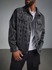 Manfinity Homme Plus Size Men's Casual Streetwear Snake Skin Print Flap Pocket Shacket - Black - View 1
