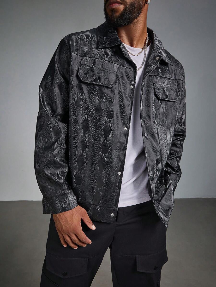 Manfinity Homme Plus Size Men's Casual Streetwear Snake Skin Print Flap Pocket Shacket - Black - View 1