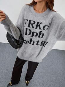 Chiquease 女士圆领长袖字母图案休闲套头毛衣 - 灰色 - 查看 5
