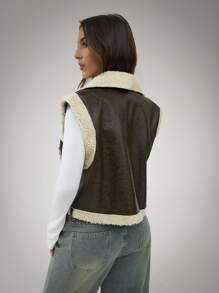 SHEIN BAE 女士休闲翻领撞色蓬松背心夹克秋冬季 - 咖啡棕 - 查看 6