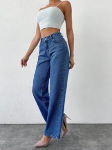 Cottnline Quần Jeans Denim Dáng Rộng Dáng Thẳng Thường Ngày Có Chi Tiết Túi Cho Nữ - Rửa trung bình - Xem 3