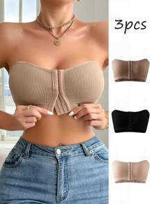 Set de 3 Sujetadores con cierre delantero, de estilo casual, de rayas y de tela transparente