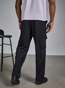 Manfinity Roughcore Plus Size Men Street Style Solid Color Flap Pocket Loose Cargo Pants, Fall - Black - View 2