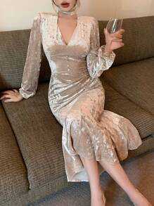 DAZY 女士天鹅绒 V 领收腰拼接鱼尾连衣裙，优雅派对晚礼服，中长款，秋冬舞会礼服