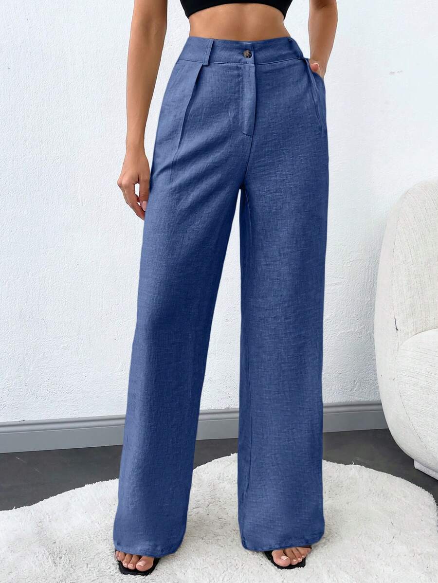 SHEIN Tall 高个子女士纯色斜口袋直腿裤 - 藍色 - 查看 1