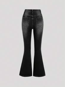 SHEIN Girlism Tween Girls' Y2k Retro Washed Stretchy Denim Flare Leg Jeans With Slant Pocket For Summer