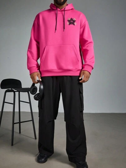 Manfinity Homme Plus Size Men's Pentagram Print Long Sleeve Drawstring Hoodie, Autumn