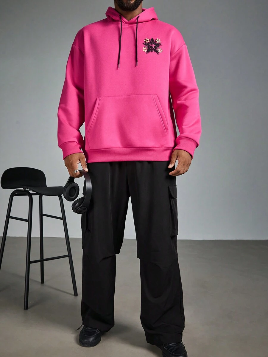 Manfinity Homme Hoodie Lengan Panjang Pria Ukuran Besar dengan Motif Pentagram dan Tali Serut, Musim Gugur - Berwarna merah muda - View 1