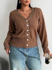 Calvaya Plus Size Plain Color Lace Patchwork Front Button Long Sleeve Minimalist Blouse