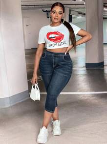 SHEIN SXY 大码女式休闲口袋简约设计牛仔裤 - 深色水洗藍 - 查看 5