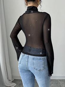 Selianne Women's Fashionable Elegant Sparkly Flare Sleeve Tie Neck T-Shirt, Suitable For Autumn Fall Cloth For Women - Black - View 2