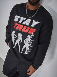 Manfinity LEGND Plus Size Men's Crew Neck Long Sleeve Letter Print Casual Pullover Sweatshirt - Black - View 1
