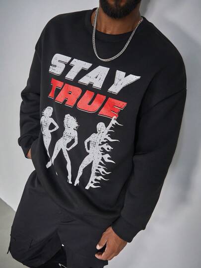 Manfinity LEGND Plus Size Men's Crew Neck Long Sleeve Letter Print Casual Pullover Sweatshirt