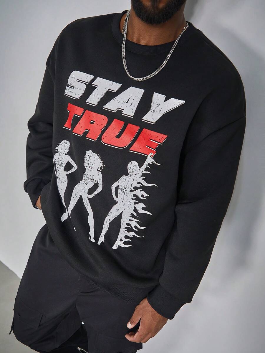 Manfinity LEGND Plus Size Men's Crew Neck Long Sleeve Letter Print Casual Pullover Sweatshirt - Black - View 1