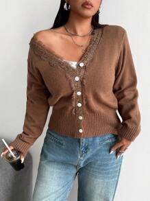 Calvaya Plus Size Plain Color Lace Patchwork Front Button Long Sleeve Minimalist Blouse