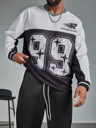 Manfinity Roughcore Plus Size Men's Colorblock Number Print Loose Drop Shoulder Jersey Shirt, Casual Sports, Autumn