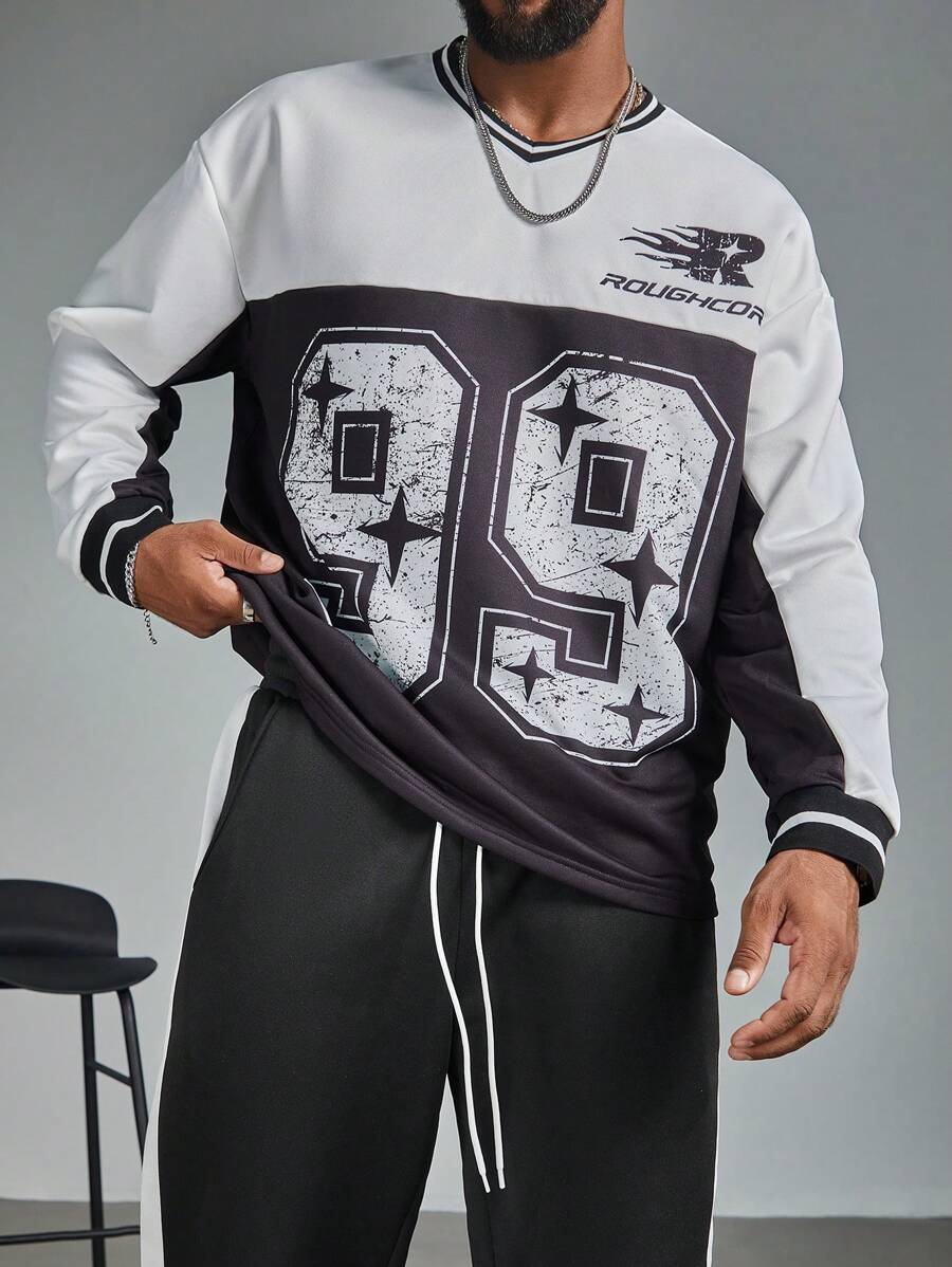Manfinity LEGND Chemise jersey décontractée pour hommes grande taille, imprimé coloré avec numéro, ample avec épaules tombantes, look casual sportswear, pour l'automne - Noir et Blanc - Voir 1