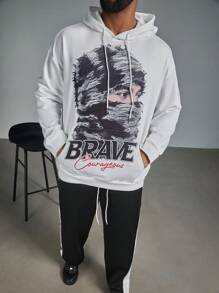 Manfinity LEGND Sudadera holgada con estampado de personaje y letras, cuello redondo y bolsillo canguro, para hombre de talla grande, estilo casual de calle, primavera/otoño - Blanco - Ver 4