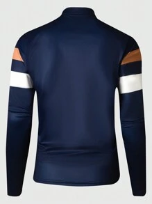 Manfinity Homme Plus Size Heren Casual Gestreept Colorblock Half-Zip Lange Mouw Poloshirt, Uitgaan