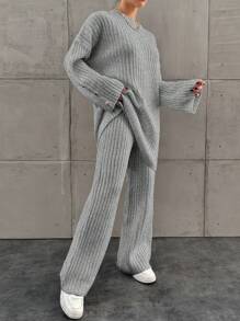 EURMUSE Loose Knitted Sweater Two Piece Set For Women, Including A Sweater And Long Pants - Grey - View 4
